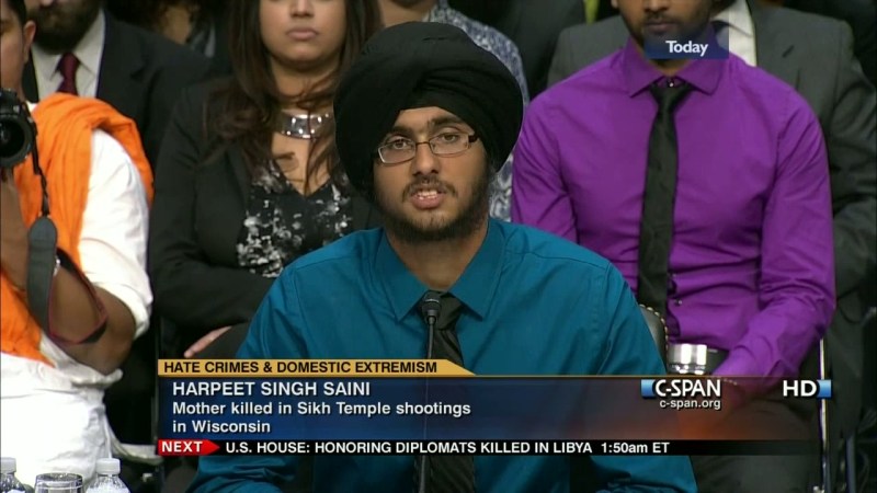 Harpeet Singh Saini testifies at a US Senate hearing about the mass shooting that took his mother during the 2012 Oak Creek Gurdwara mass shooting in Wisconsin. Photo: C-SPAN