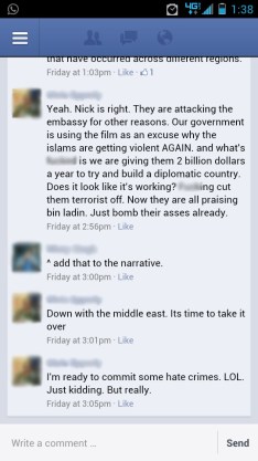A recent Facebook conversation in which a man jokes about using hate crimes to respond to violence in the Middle East.