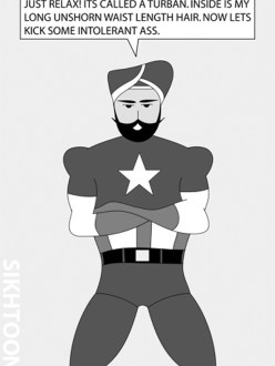 A rendition of "Captain America" as a Sikh, by cartoonist Vishavjit Singh (source: Seattle Times)