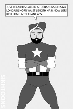 A rendition of "Captain America" as a Sikh, by cartoonist Vishavjit Singh (source: Seattle Times)