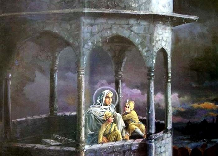 The mother of Guru Gobind Singh, Mata Gujri, imprisoned in an open tower with his two younger sons, Sahibzada Zorawar Singh and Sahibzada Fateh Singh in 1705. (source: Sikh Gurus and Sikh Gurdwaras)