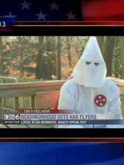 On the Colbert Report, Stephen Colbert discusses the increase in recruitment activity by the Ku Klux Klan (source: Comedy Central).