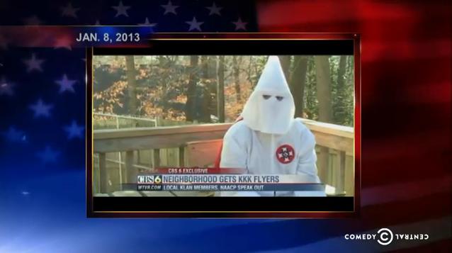 On the January 30, 2013 broadcast of the <em>Colbert Report</em>, Stephen Colbert discusses the increase in recruitment activity by the Ku Klux Klan (source: Comedy Central). On the January 30, 2013 broadcast of the <em>Colbert Report</em>, Stephen Colbert discusses the increase in recruitment activity by the Ku Klux Klan (source: Comedy Central).
