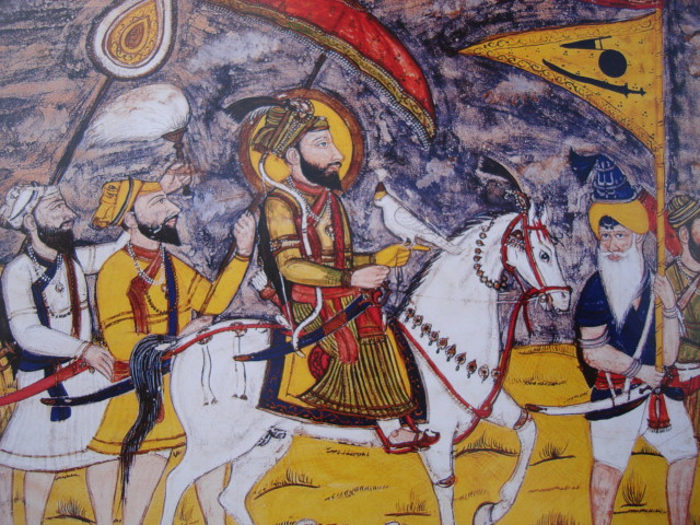 Rajastani style painting of Guru Gobind Singh (seated on horse) entitled 'Journey to Deccan', circa AD 1770-80 (source: SikhSangat.com)