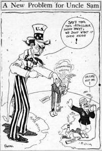 "A new problem for Uncle Sam." Political cartoon c. 1910 (source: Echoes of Freedom)