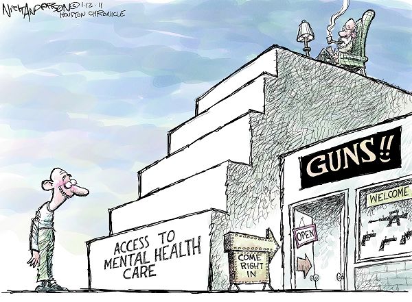 An editorial cartoon comparing accessibility of mental health and guns. 