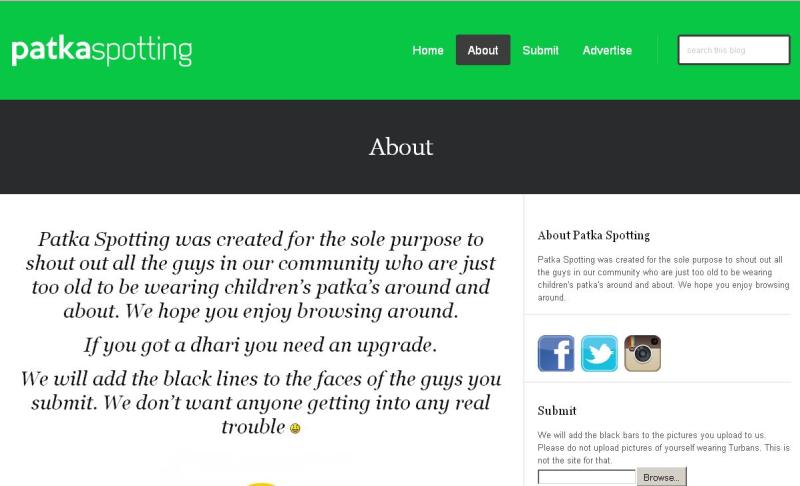 Screen shot of Patka Spotting, a website designed to poke fun of Sikh men who wear patkas.