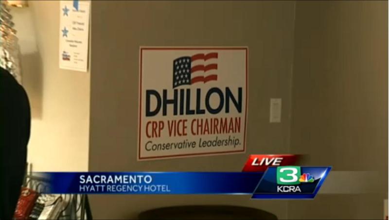 Harmeet Kaur Dhillon campaign sign at the California Republican Party convention this past weekend. (source: KCRA)
