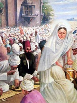Painting of Mata Khivi serving langar (source: sikhcd.com)