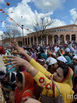 "Sikh devotees throw rose petals into a float bearing Guru Granth Sahib during the annual Hola Mohalla, Sikh Martial Arts Parade and Gatka Exhibition Gallery on Sunday afternoon (03-31-13) in Livingston, CA." (source: Merced Sun-Star)