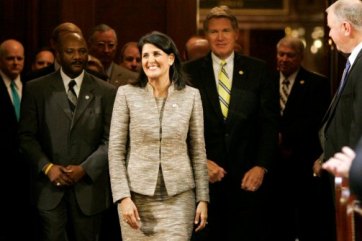 "South Carolina Gov. Nikki Haley enters the State House chamber in Columbia to give her State of the State address in January. Democrat Dick Harpootlian has told activists to “send Nikki Haley back to wherever the hell she came from.” (Mary Ann Chastain/AP)" (source: The Daily Beast)