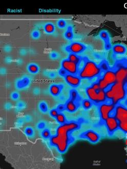 "Geography of Hate" map showing concentrations of hate-based tweets on Twitter from June 2012 to April 2013. (source: Floating Sheep)