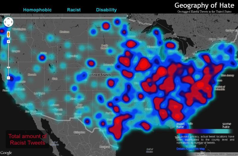 "Geography of Hate" map showing concentrations of hate-based tweets on Twitter from June 2012 to April 2013.  (source: Floating Sheep)