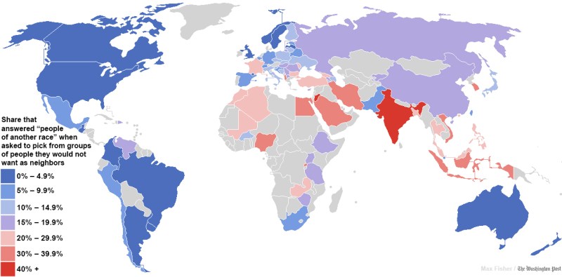 "A fascinating map of the world’s most and least racially tolerant countries." (Source: The Washington Post) "A fascinating map of the world’s most and least racially tolerant countries." (Source: The Washington Post)