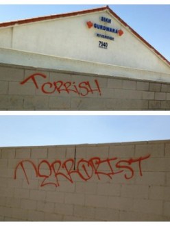 Graffiti spray-painted on the walls of the Gurdwara in Jurupa Valley, CA. (Source: Sikh24)