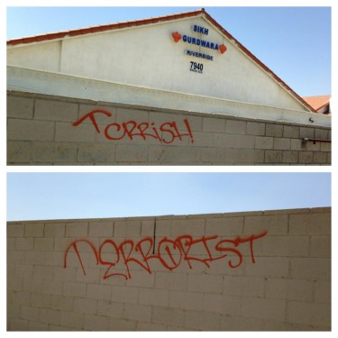 Graffiti spray-painted on the walls of the Gurdwara in Jurupa Valley, CA. (Source: Sikh24)