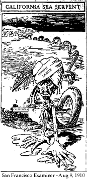 Editorial cartoon from 1910 published in the San Francisco Examiner depicting a turbaned man as a serpent with "Hindu Labor" written on his turban. (Source: East Bay Express)