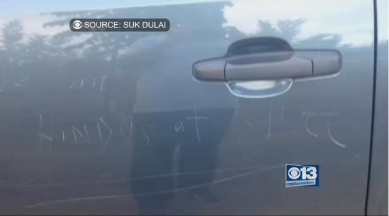 Vandals carve ‘We Want No Hindus At SBLL’ into Sikh little league coach’s truck in Yuba City, California. (Source: CBS Sacramento)