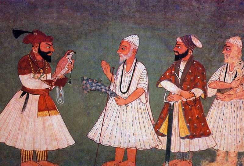 "Guru Gobind Singh (with bird) encounters Guru Nanak Dev. An 18th century painting of an imaginary meeting." (Source: Wikipedia) 
