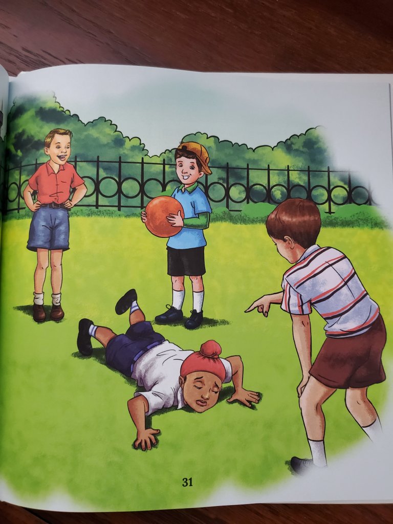Image of a scene in the book of a Sikh boy being teased by other boys. 